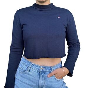 Tommy Hilfiger Navy Blue Long Sleeve Cropped Tee T-Shirt Top Size Small Casual